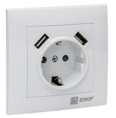 Розетка СУ 1-мест.+2 USB 16А с/з.с защ.штор.белая Валенсия EKF